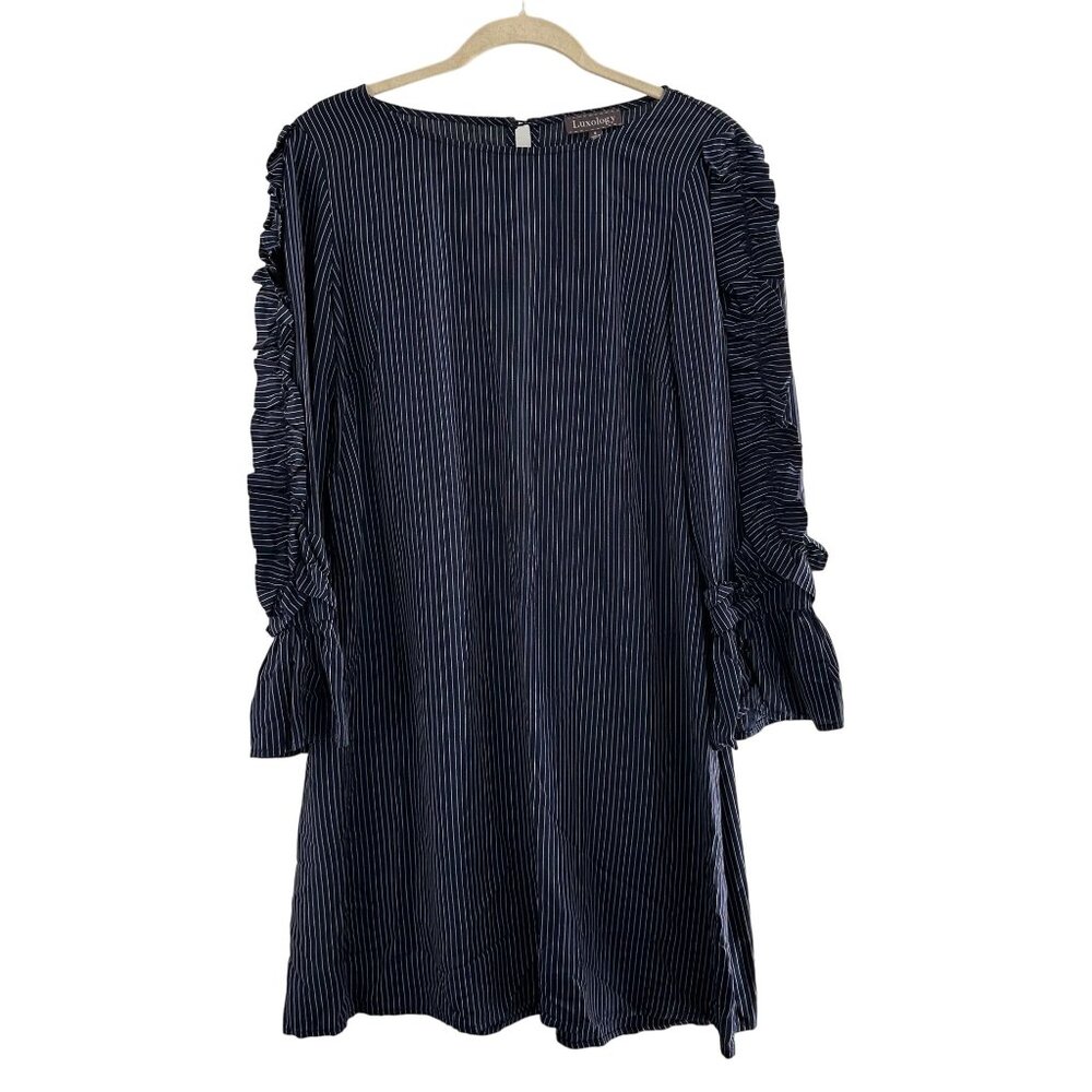 Luxology Navy Pinstripe Ruffle Sleeve Dress 8 Rayon Tencel Striped‎ Old Money